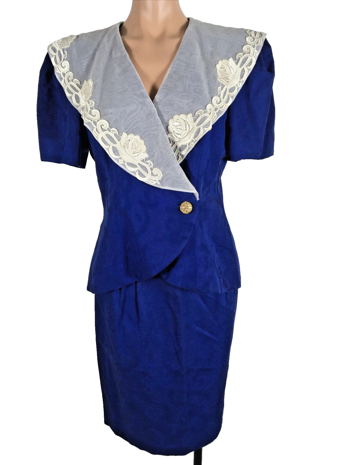Vintage 1980s 1990s Dynasty Retro Leslie Fay Blue Yolk Collar Cocktail Suit 12