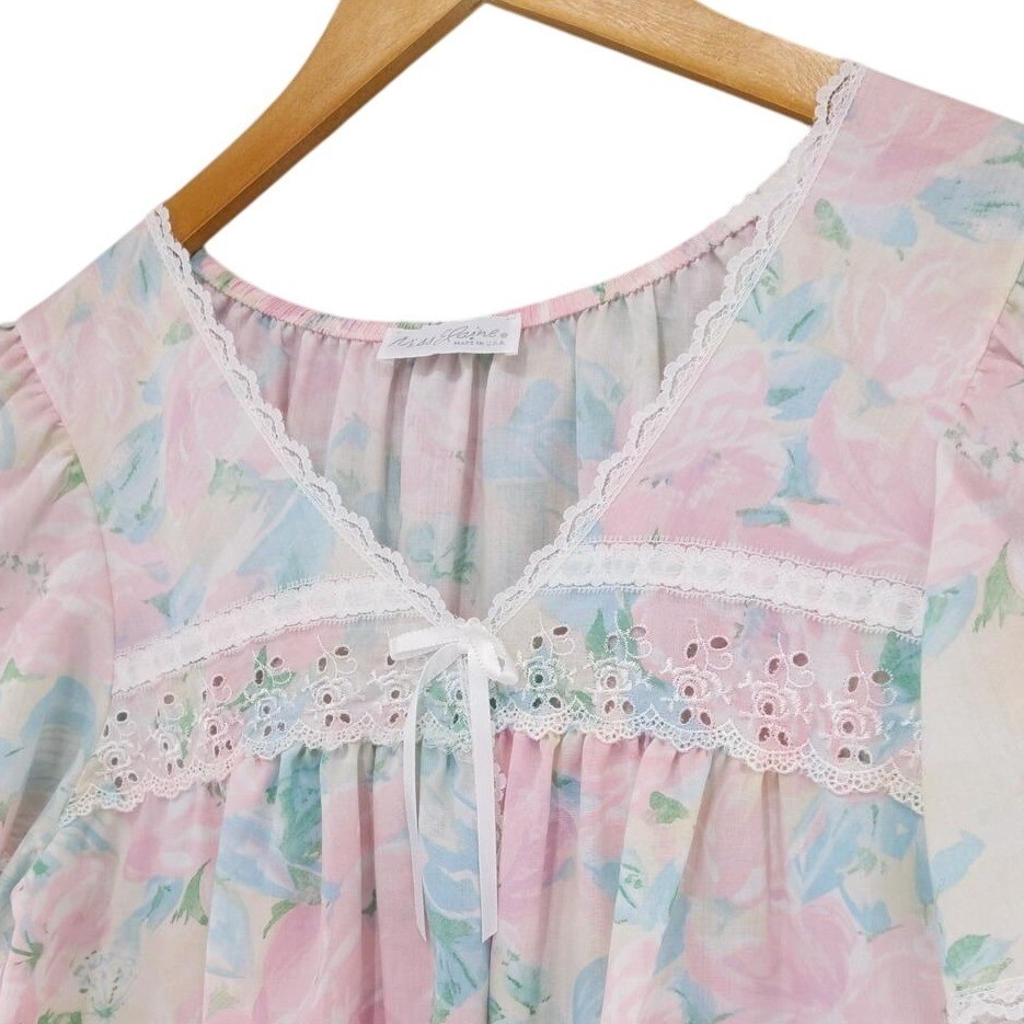 Vintage Miss Elaine Nightgown Sz Medium Pink Floral Lace Trim Short Sleeve USA