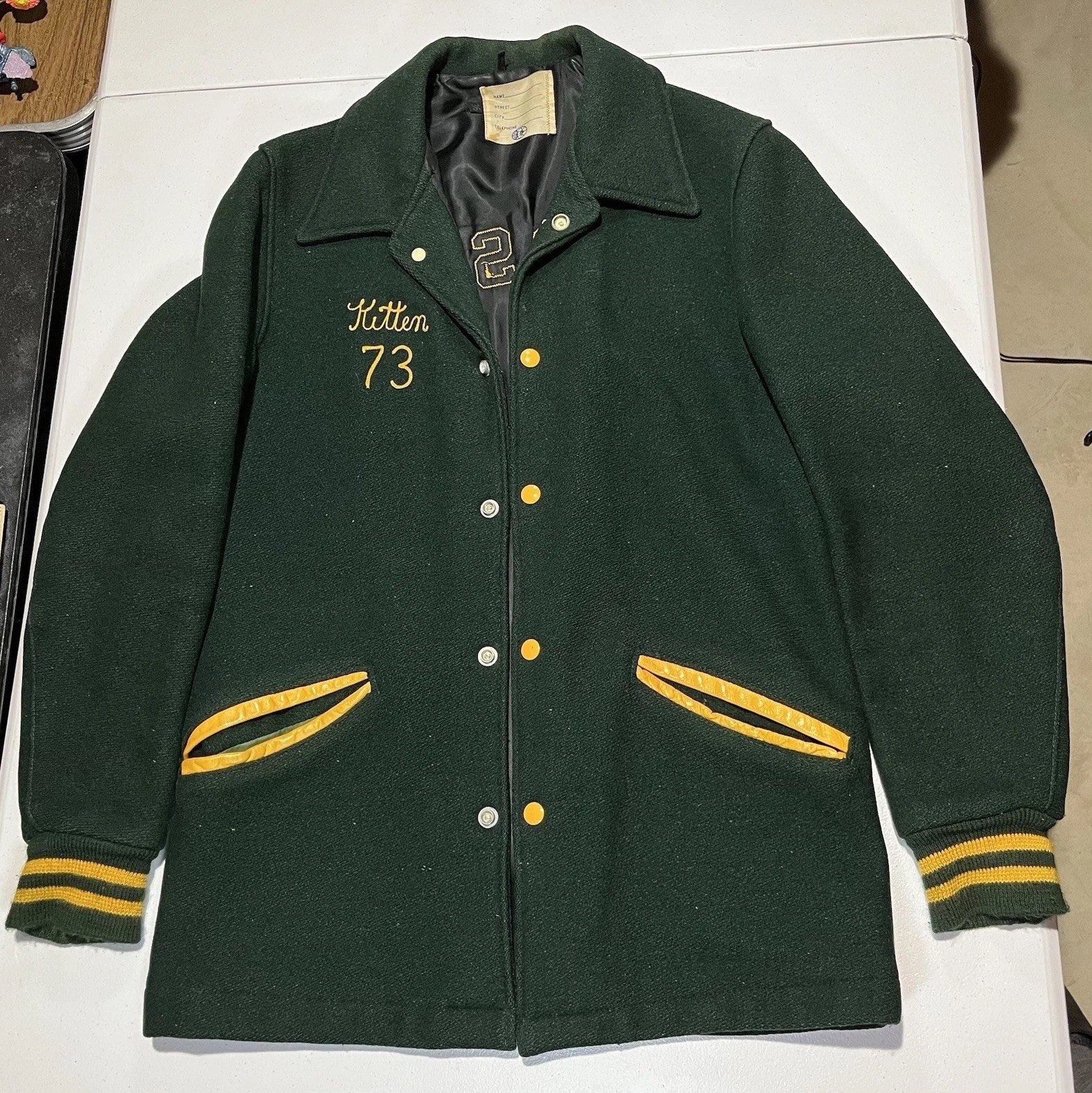 vtg 1973 KITTEN St Josephs varsity jacket wool snap button green 36 pussy cat