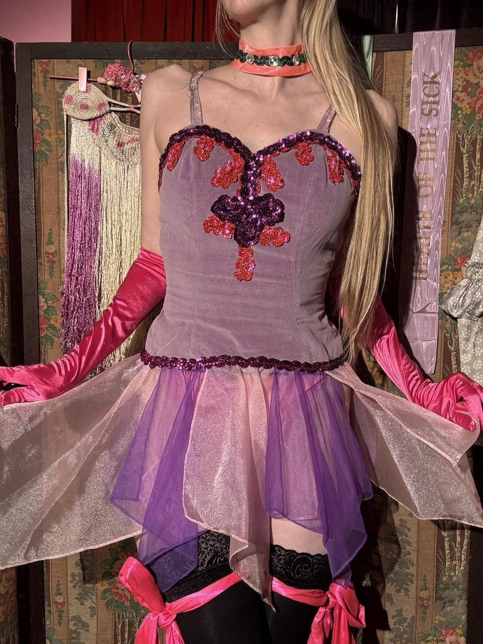 1960s/70s Lavender Velvet Sequin Stage Costume Dress, Size S-M