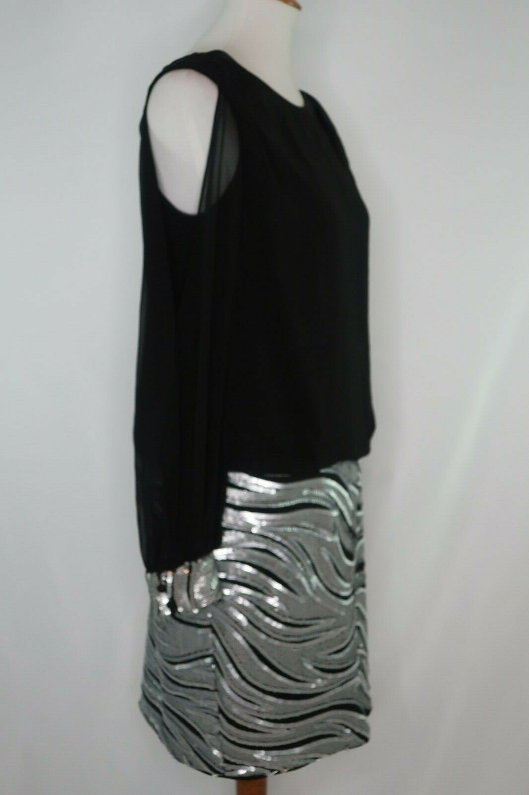 Cache Black Silver Sequin Evening Party Cocktail Dress Sheer Open Sleeve Size 10
