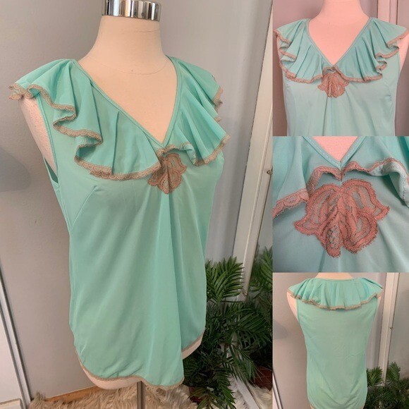 Vintage Cottagecore Ruffle Cami Nightie Top Mint S blouse Whimsycore Soft Girl