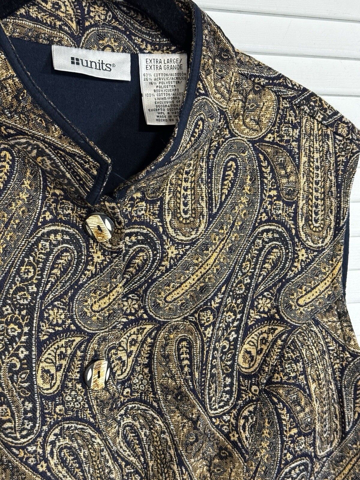 Tapestry Button Front Vest UNITS Women Size XL Blue Gold Paisley Lined Vintage