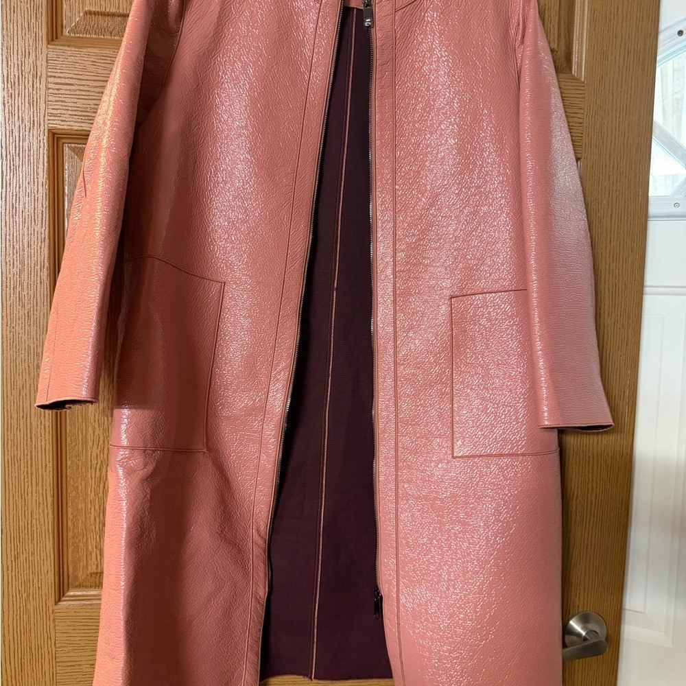 Max &Co. Womens Long Faux Leather Coat in Dusty Rose tag cut out