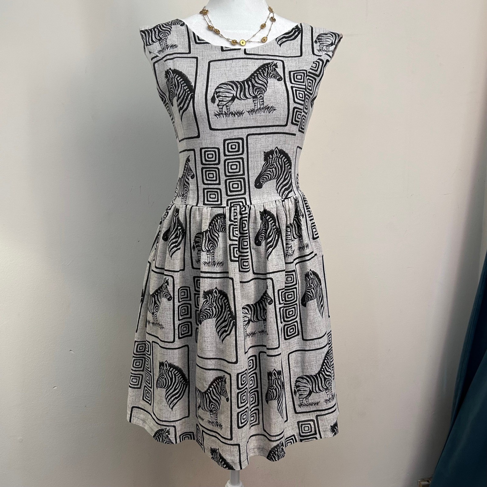 Vintage Zebra Print Fit and Flare Dress Tan Black XS