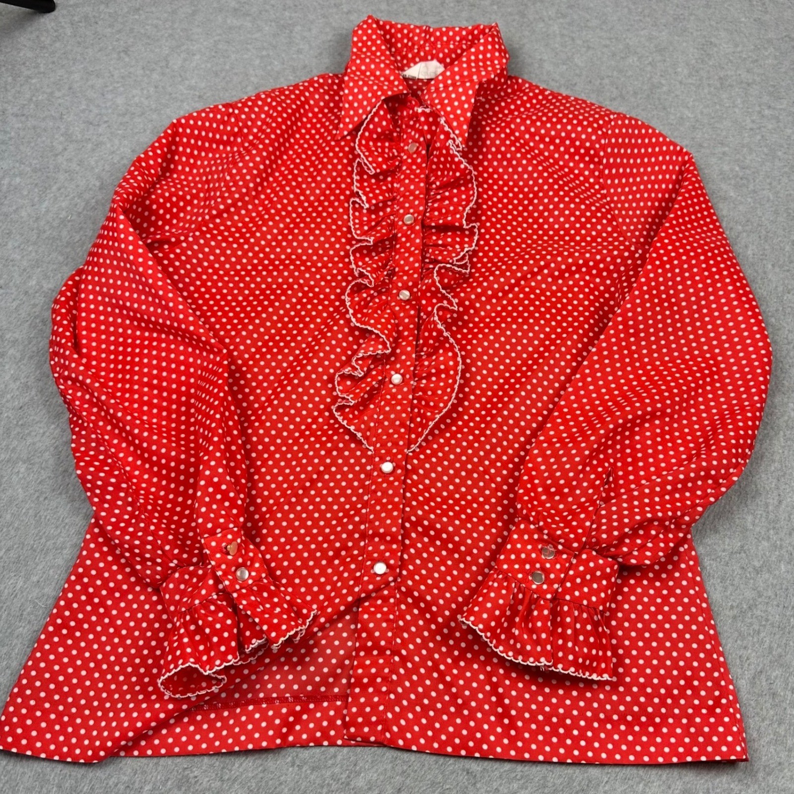 Vtg Judy Bond Red Polka Dot Ruffle Front Blouse Long Sleeve Retro Top Sz 16