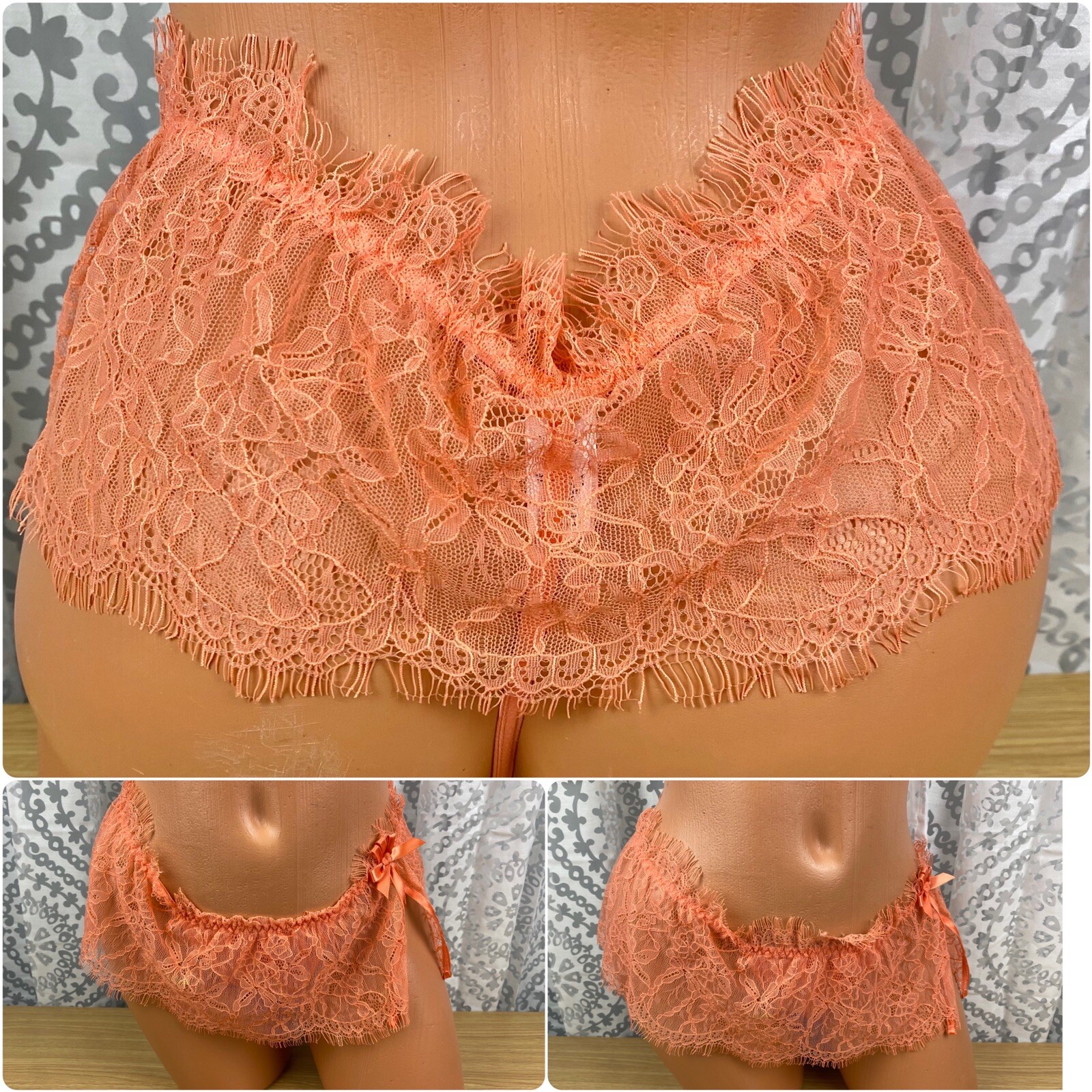 VINTAGE VERY SEXY VICTORIA&rsquo;S SECRET LACE SKIRTED THONG ORANGE NYLON ELASTANE M
