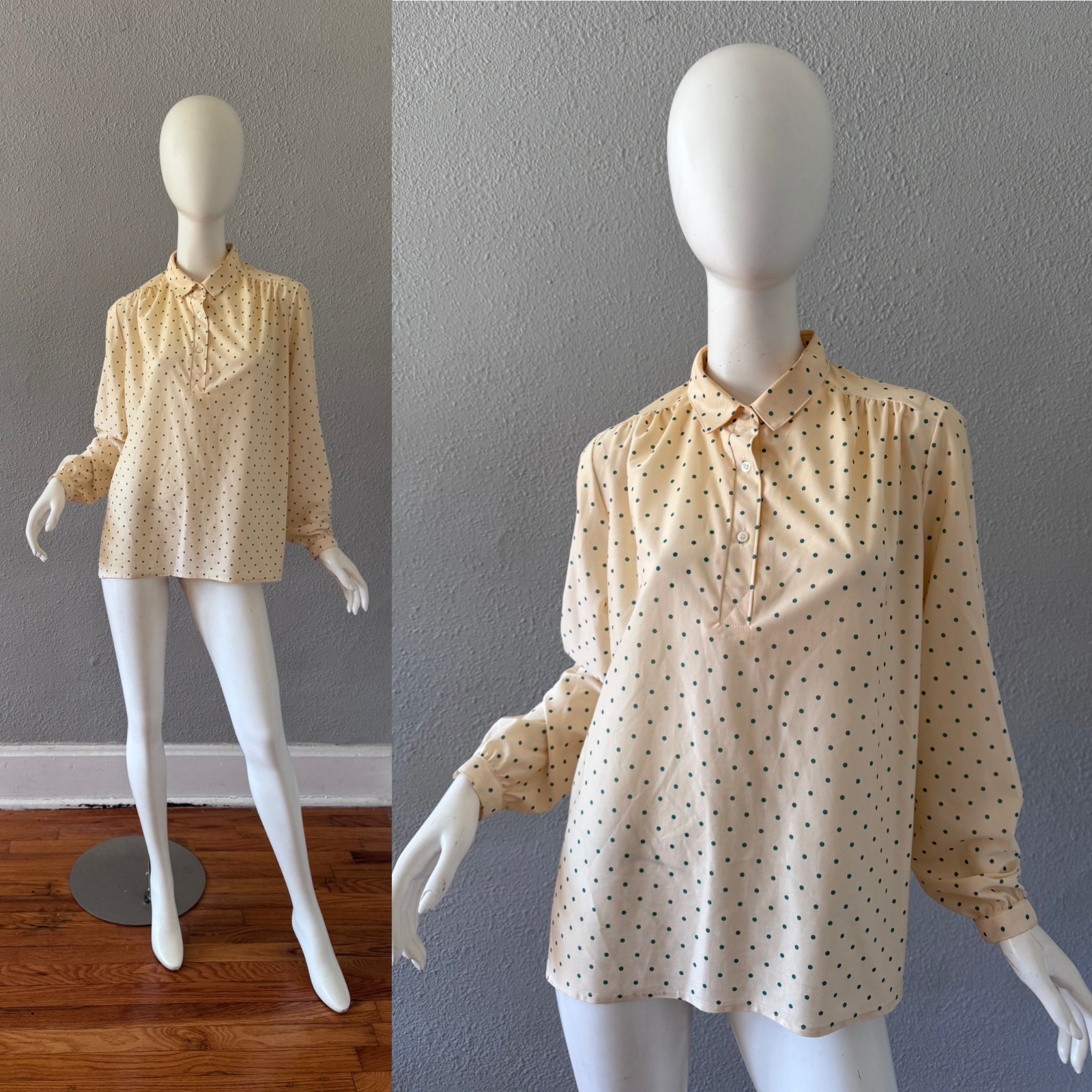 Vintage 70s Ivory Green Polka Dot MDME JORE&rsquo;N Top Blouse XL