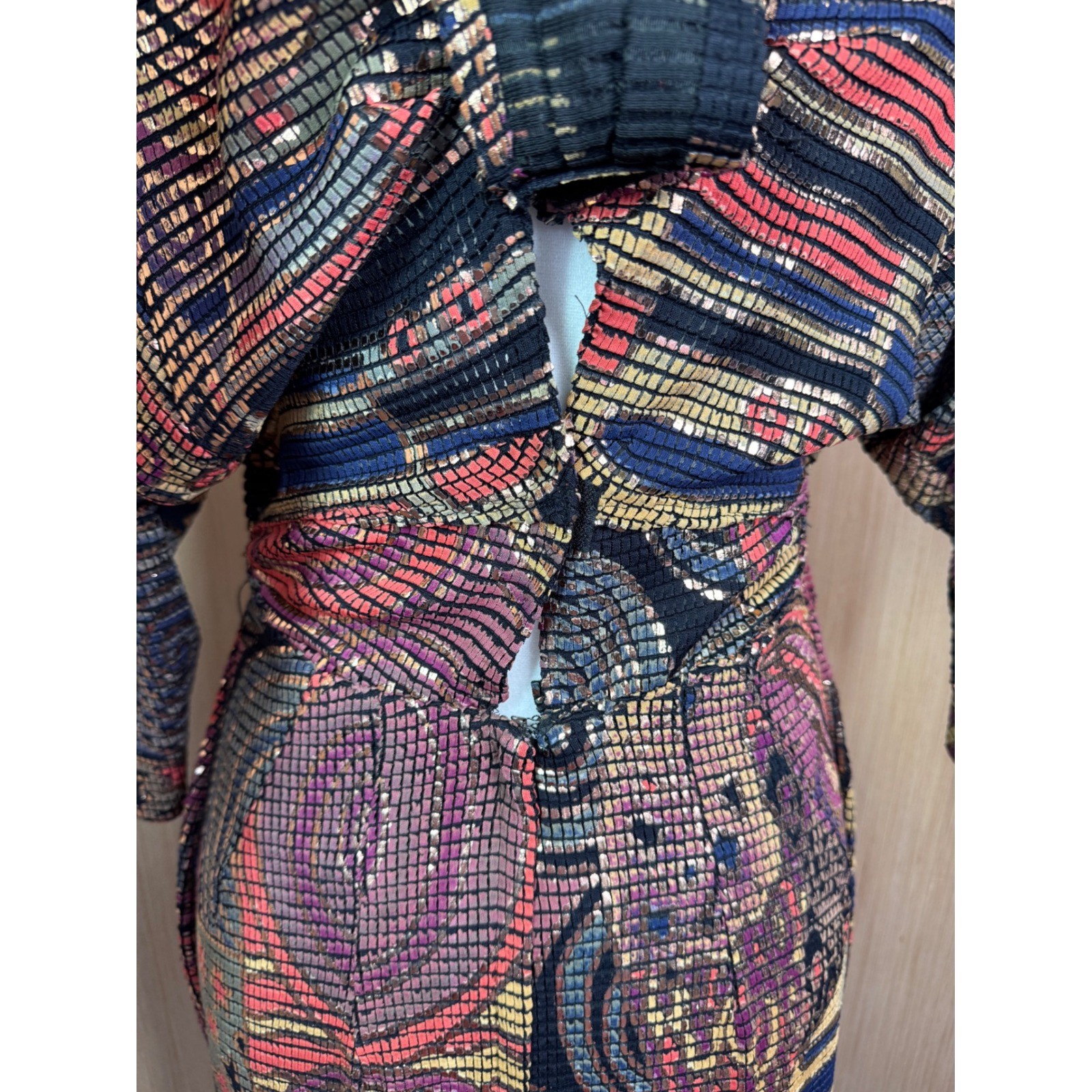 Vintage Janine of London La Vie Mosaic Metallic Knit Midi Dress Gold Red Sz M