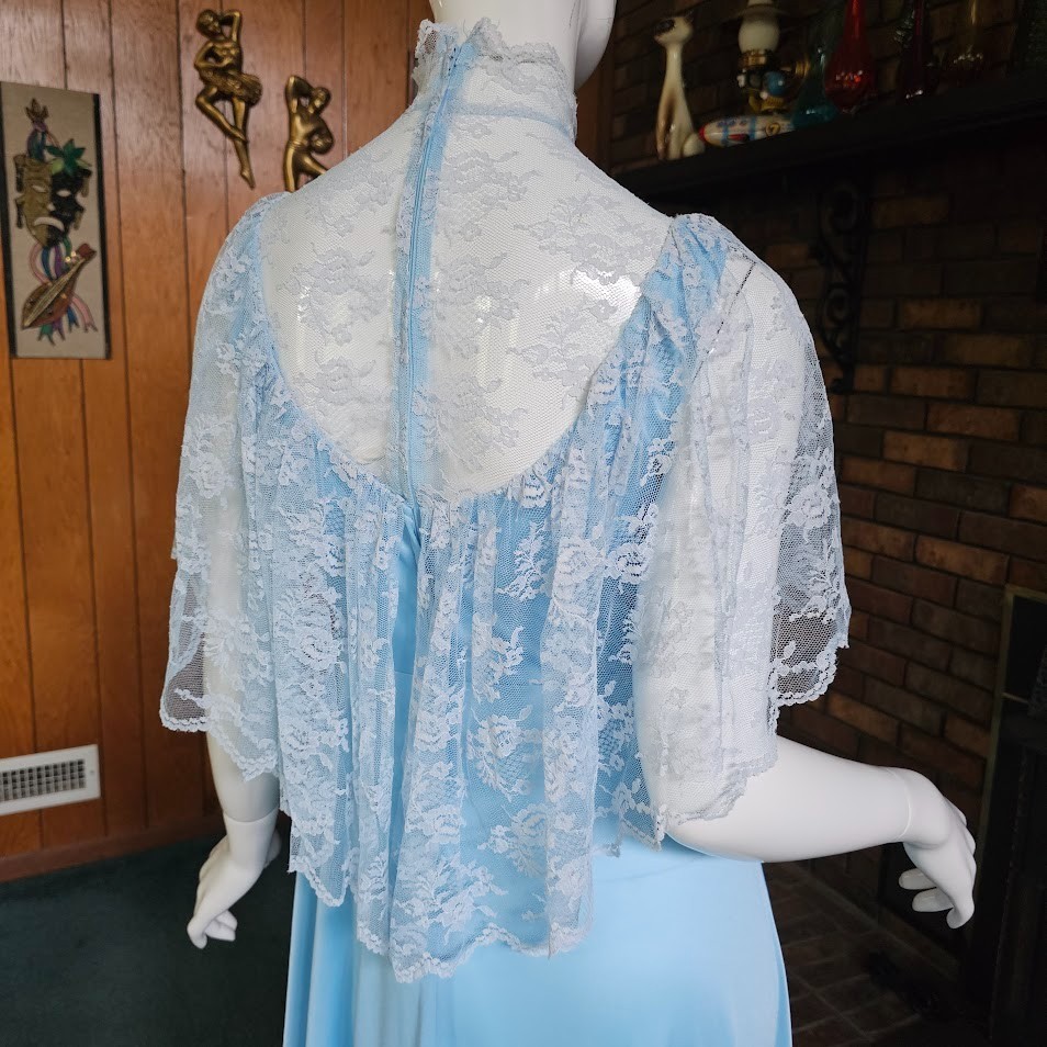 Vtg 70s Victorian Revival High Lace Neck Powder Blue Capelet Maxi Gown Dress S/M