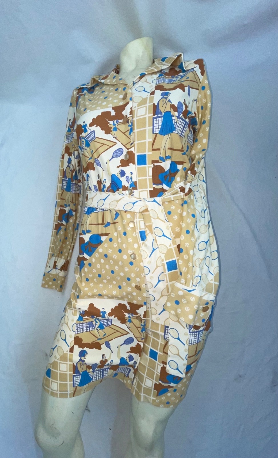 VTG 60S 70S WOMENS S TENNIS ALL OVER PRINT DISCO RETRO FUN CUTE DRESS