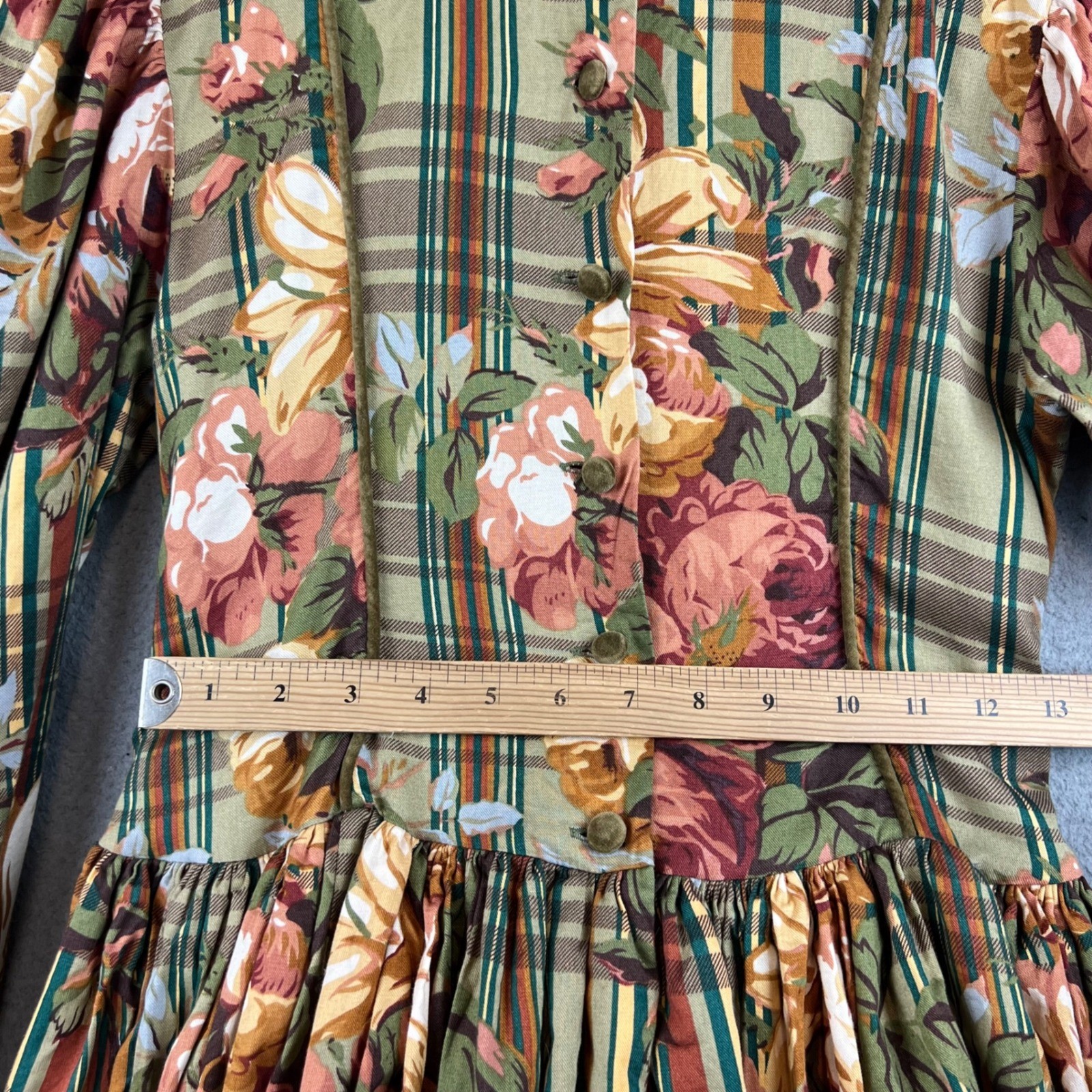 VTG Françoise Bouthillier Floral Plaid Dress Green Velvet Trim Midi Victorian