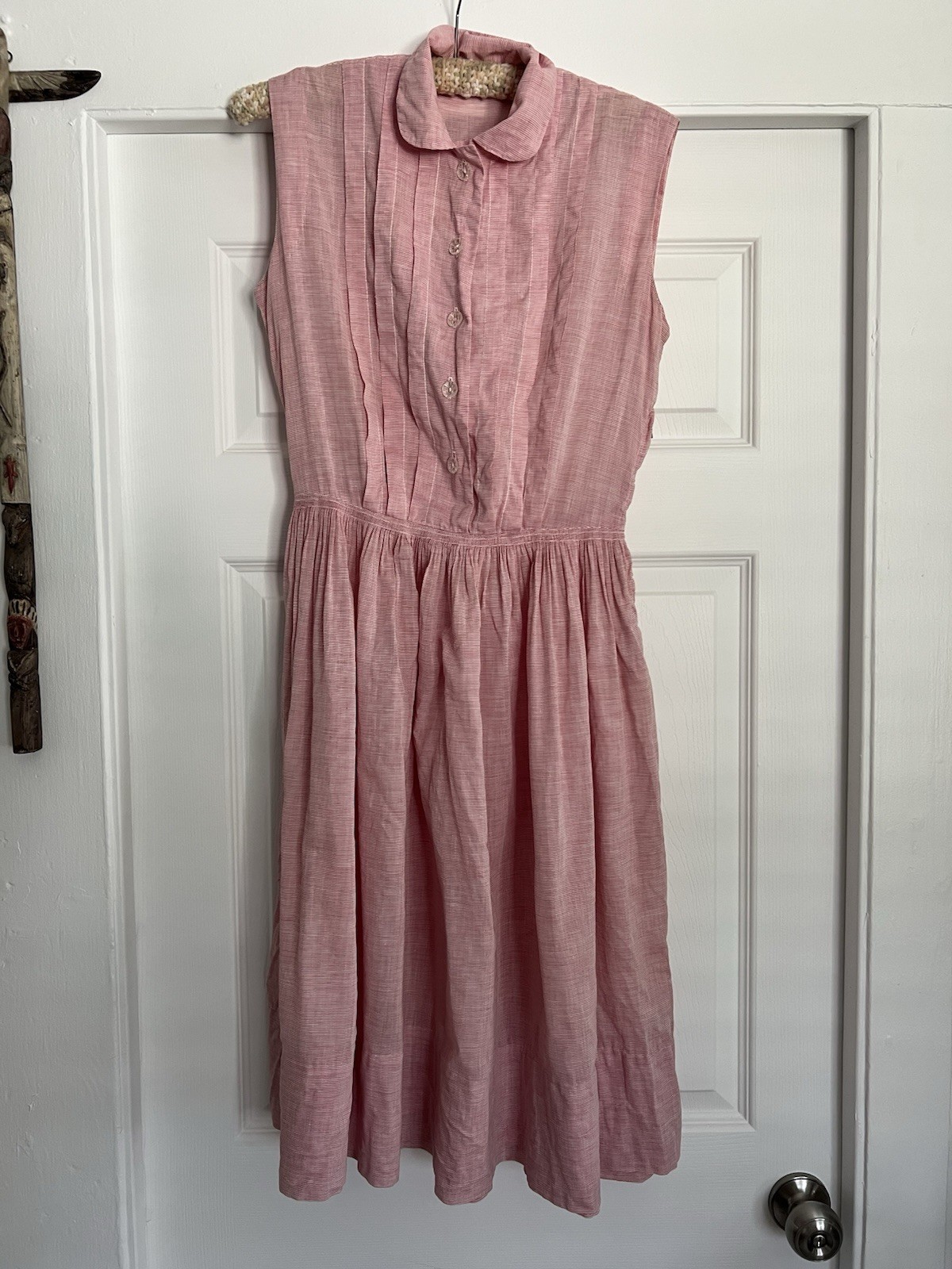 Vtg 40s Fashion Frock Striped Cotton Day Dress Peter Pan Collar Old Money S/M