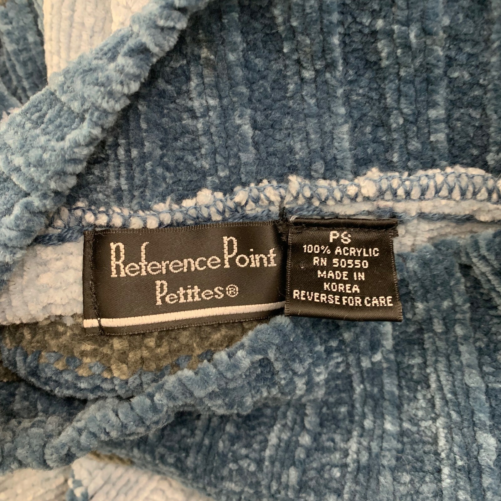 Vintage Sweater Size PS Chenille Reference Point Blue Striped Mock Neck Pullover