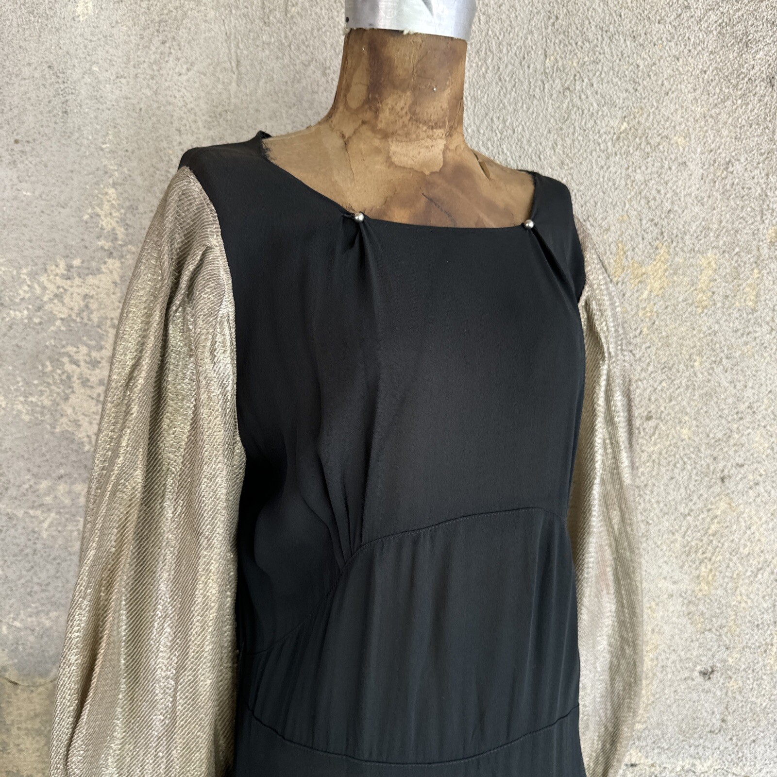 Vintage 1930s Black Silk Dress Silver Lamé Balloon Sleeves Metal Bead Accents