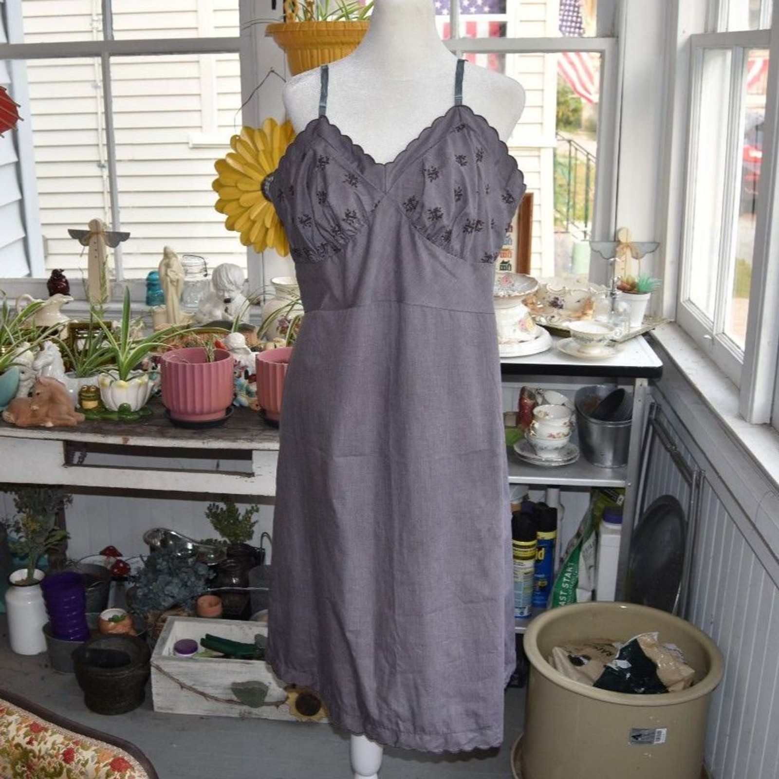 Hand Dyed Linen Blend Slip Dress M Gray Embroidered Cottagecore