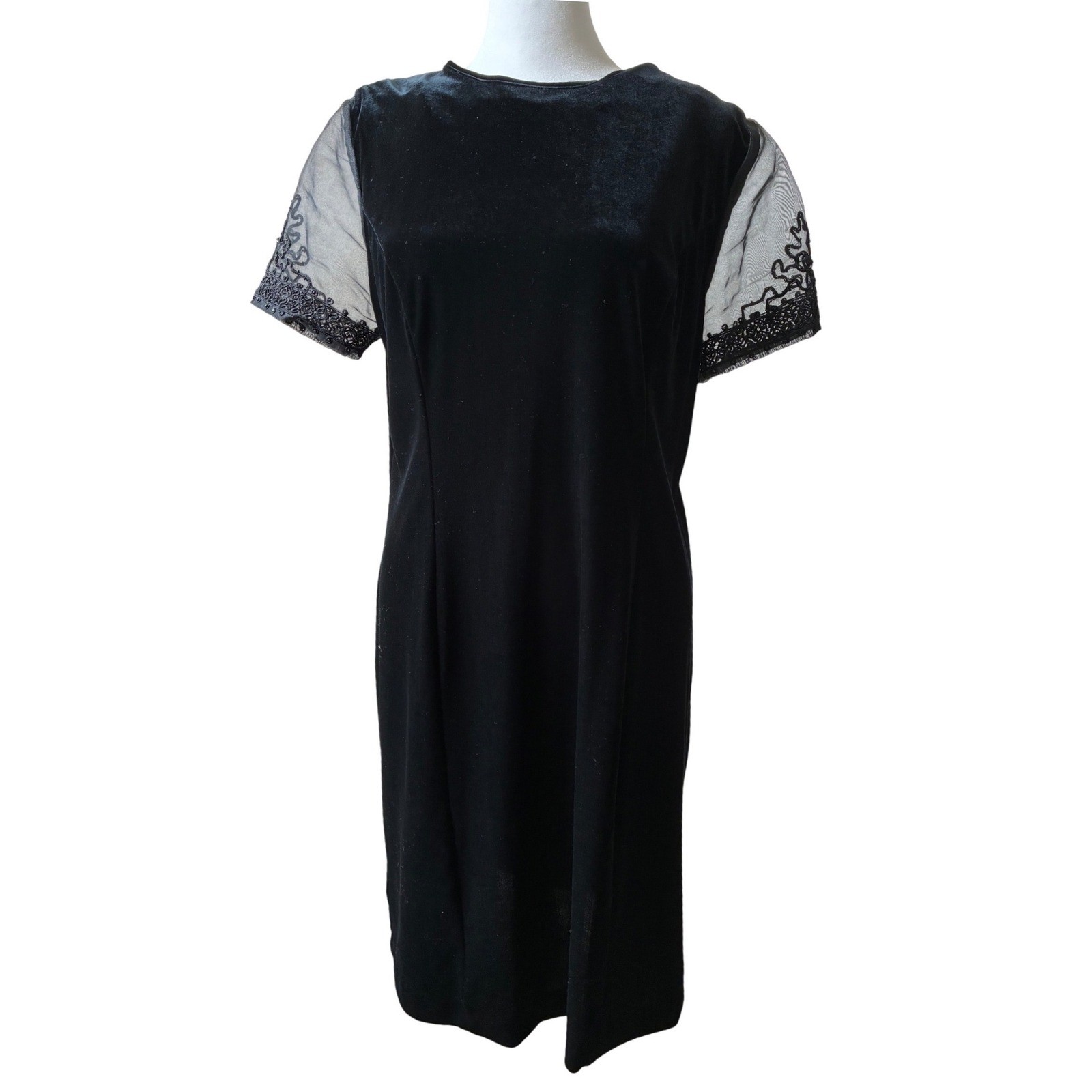 Vintage Black Velvet Sheer Embroidered Sleeve Button Back Cocktail Dress Womens