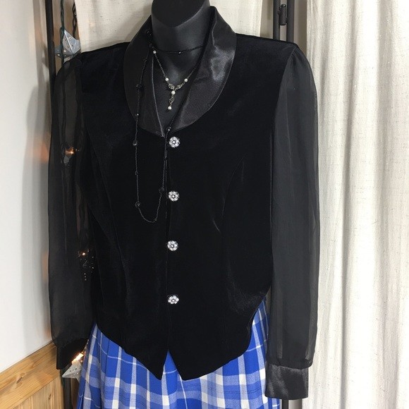 Another Thyme Women&rsquo;s Black Vintage Velvet, Sheer and Satiny Blouse Sz Small