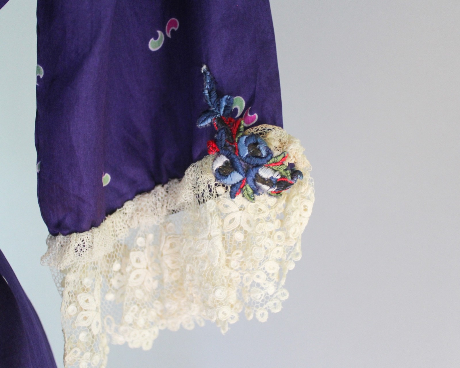 Antique 1910s Edwardian Purple Printed Silk Embroidered Dress Stunning! EX COND!