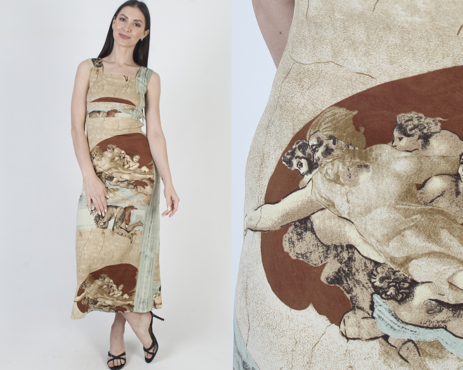Vtg Y2K Michelangelo Dress Creation Of Adam 2000s Bodycon Art Reanissance Maxi