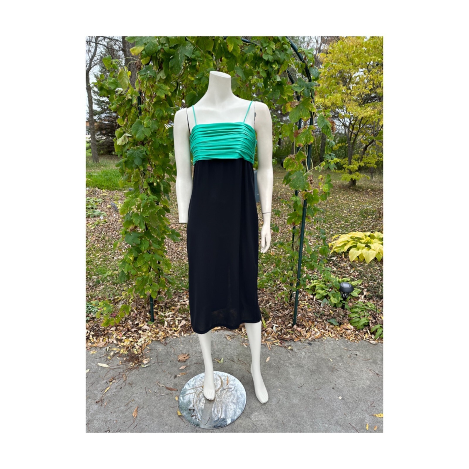 Vtg Frank Usher London Cocktail Dress Tea Length Spaghetti Strap Black Crepe 12
