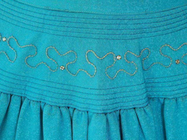 Authentic VTG Rayon Faille Skirt Turquoise S Dropped Waist Rhinestones
