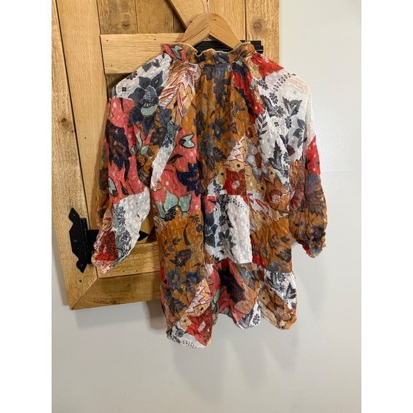 Johnny Was JW Los Angeles Patchwork Floral Tiered Boho Blouse Rust Mustard Small