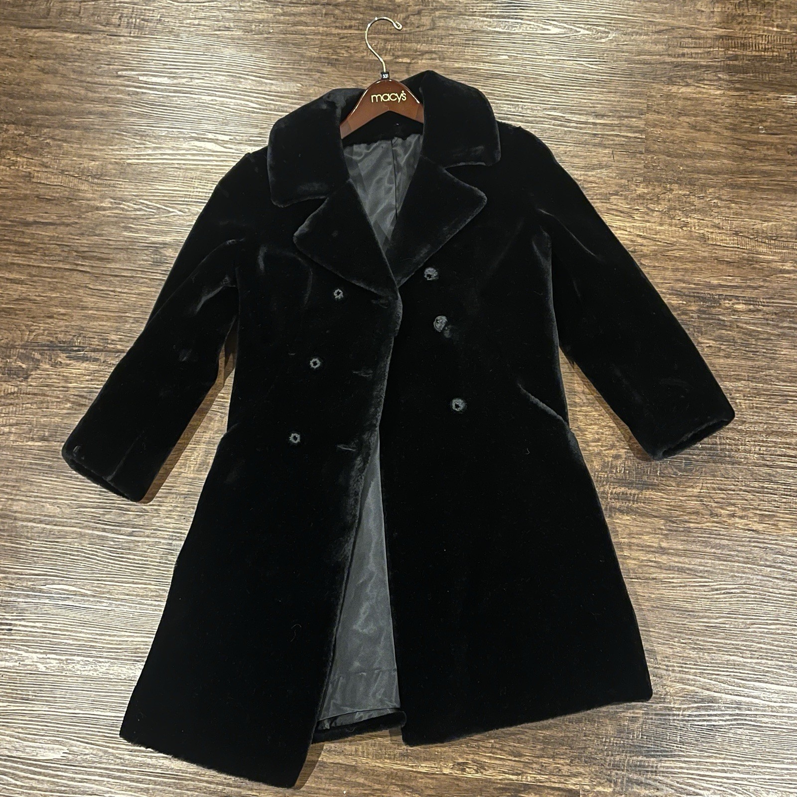 Vintage 1960s Black Faux Fur Pea Coat Trench National Board Coat & Suit ILGWU