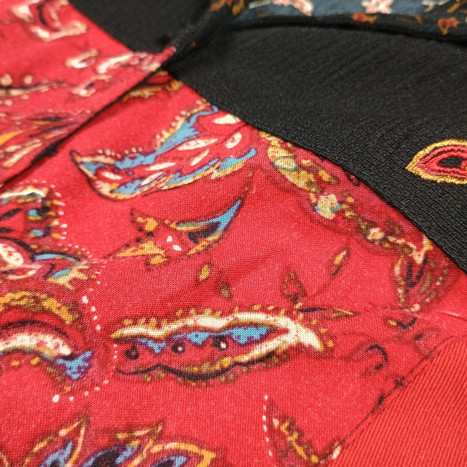 Vtg 90s Koret Patchwork Button Up Shirt Large Rayon Paisley Floral Shoulder Pads