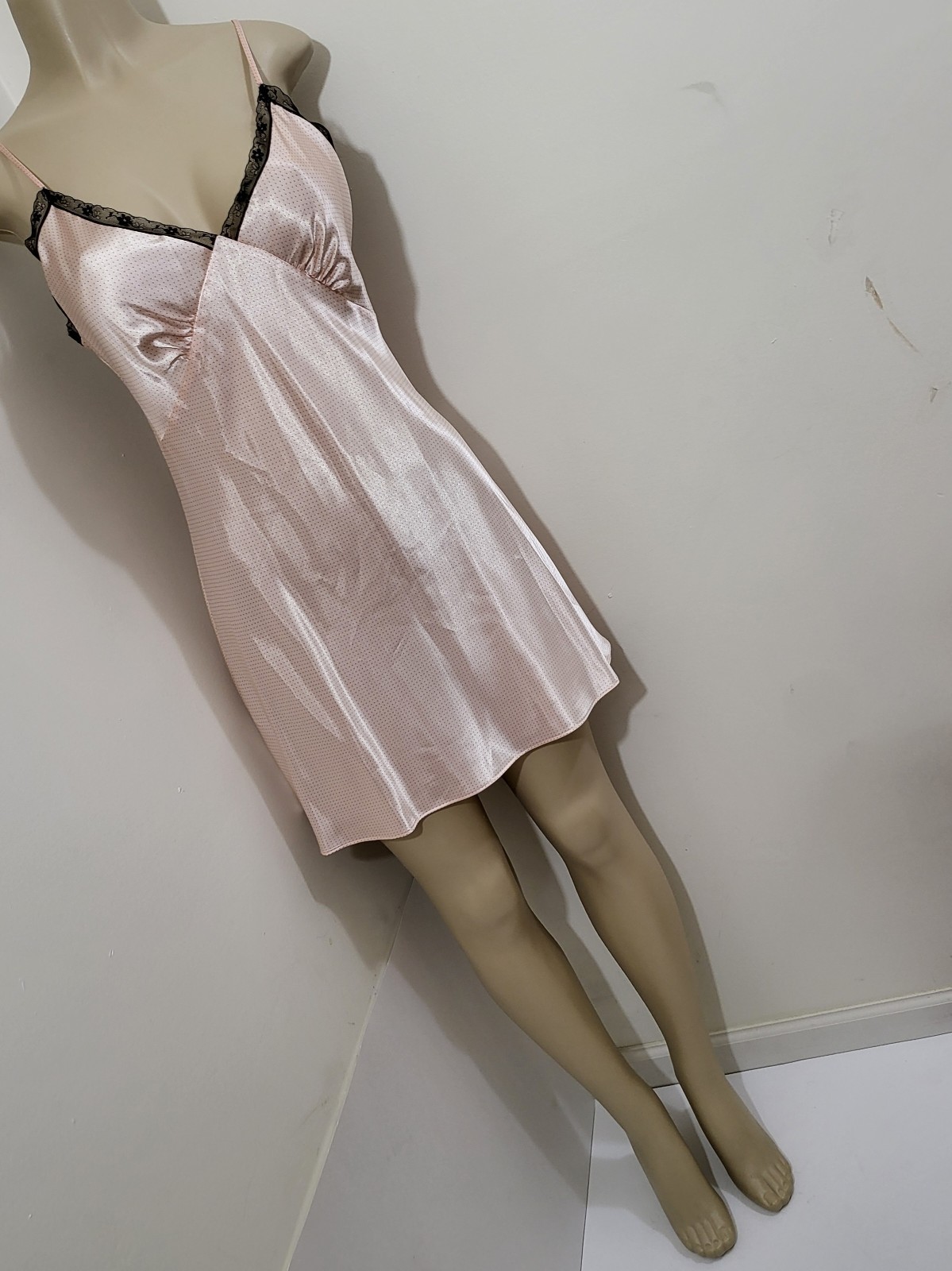 VTG Jones New York Babydoll Dress Cami Pink Satin Lingerie Black Lace Trim Sz S