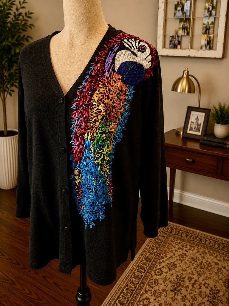 VTG 2001 Michael Simon New York Black Beaded Silk Cotton Parrot Cardigan Womens