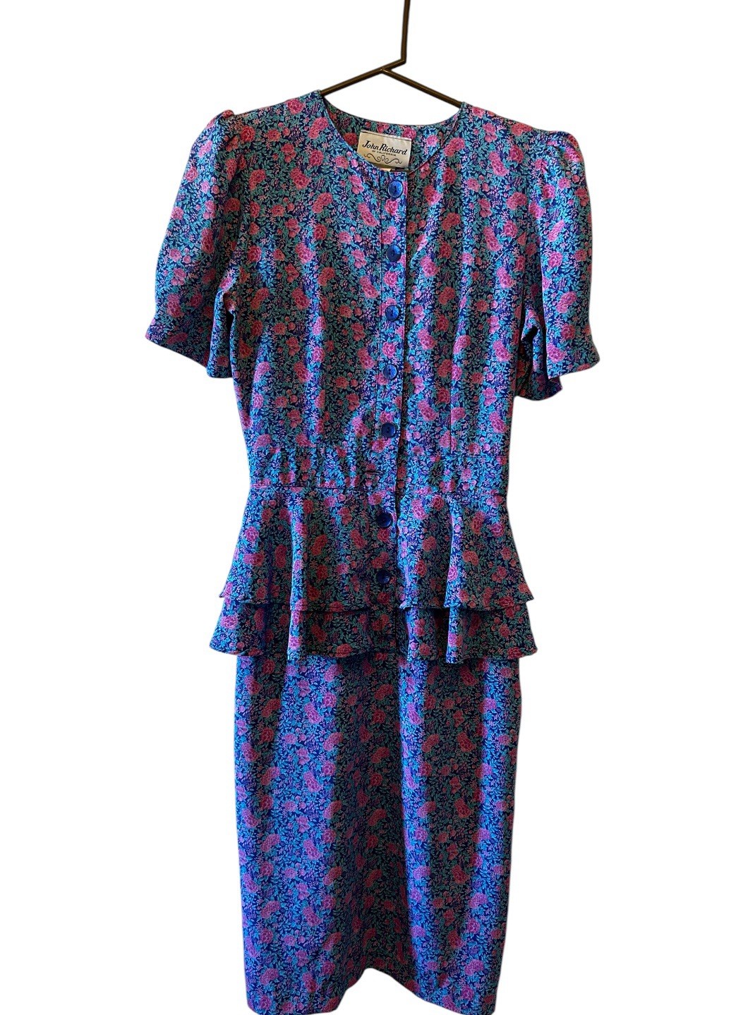 Vintage John Richard Floral Peplum Dress 80s Button Front Shoulder Pads Size M