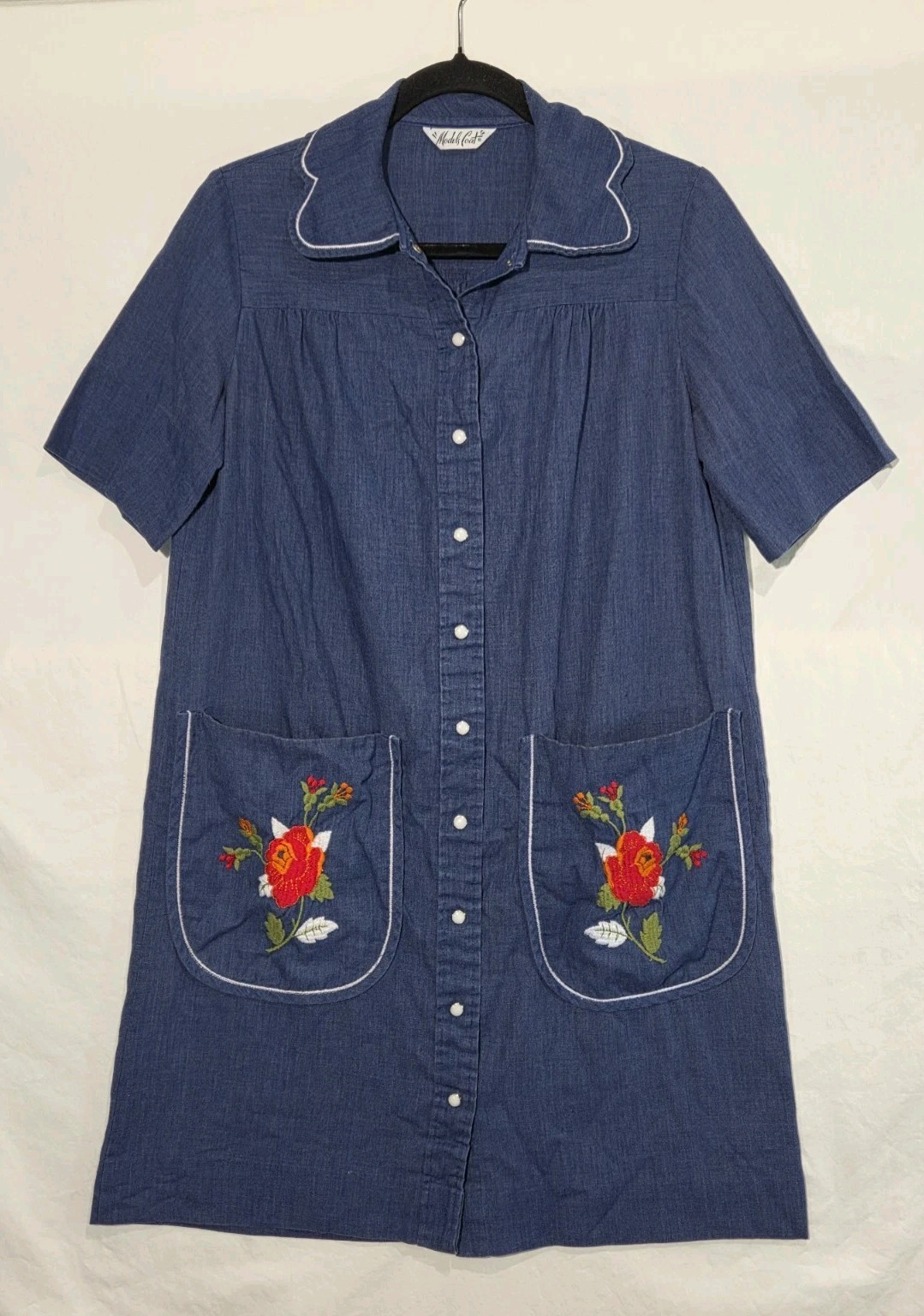 VTG Models Coat 60&rsquo;s House Dress Chambray Snap Front Embroidered Pockets Medium