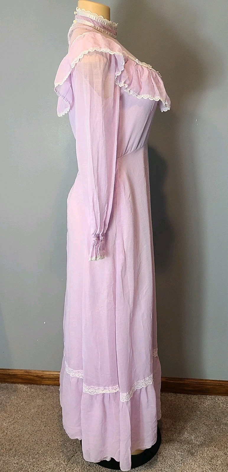Vtg 70s Prairie Victorian Maxi Dress Sz Small Lavender Lace Flare Sleeve Fairy