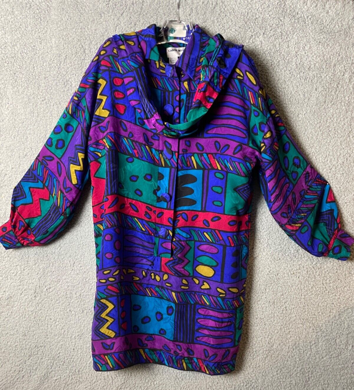 Vintage Carol Mignon Silks Dress 10 Jewel Tones Abstract Buttons Shift Tie VTG