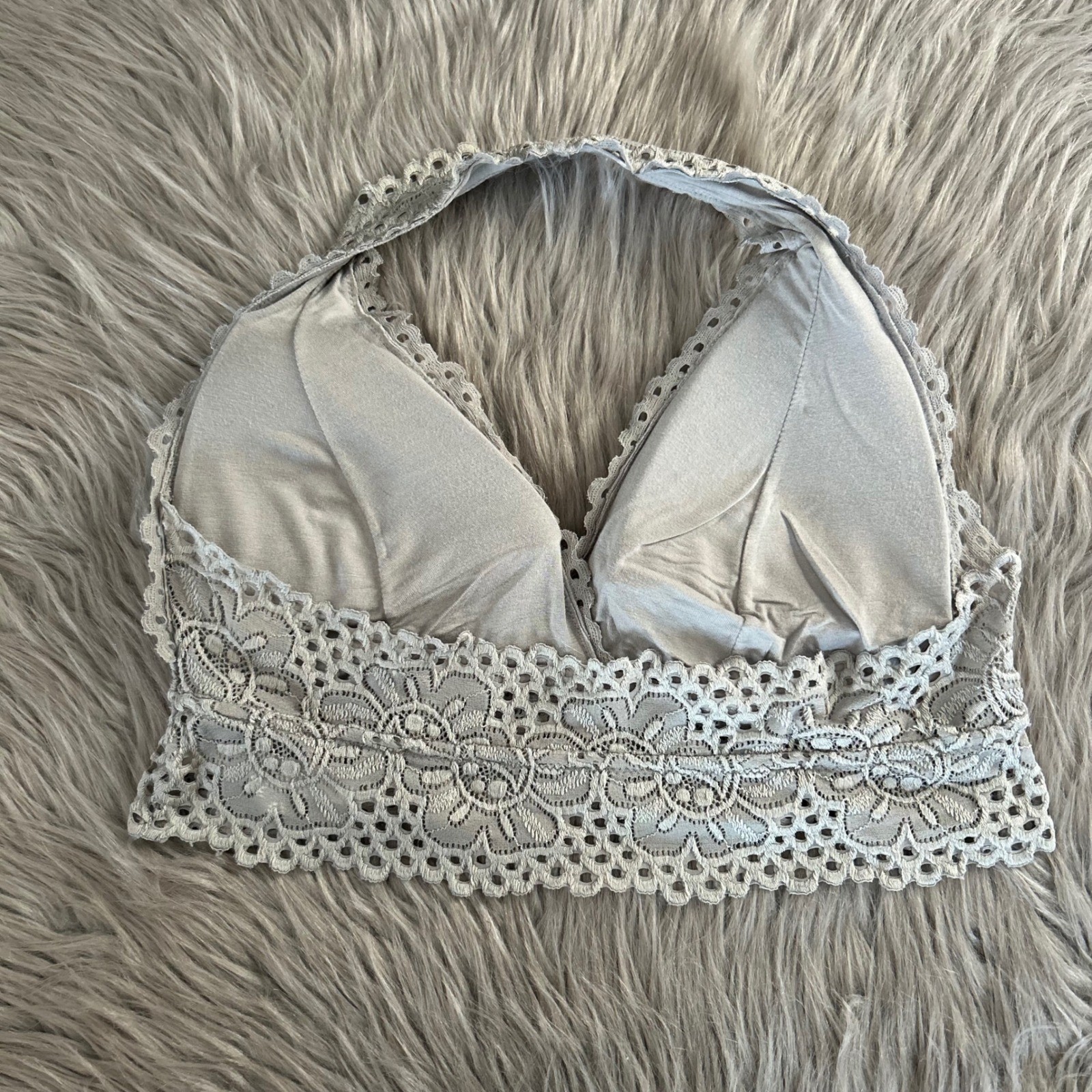 Aeropostale Wireless Halter Bralette Women Size XL Gray Floral Lace Wirefree Bra