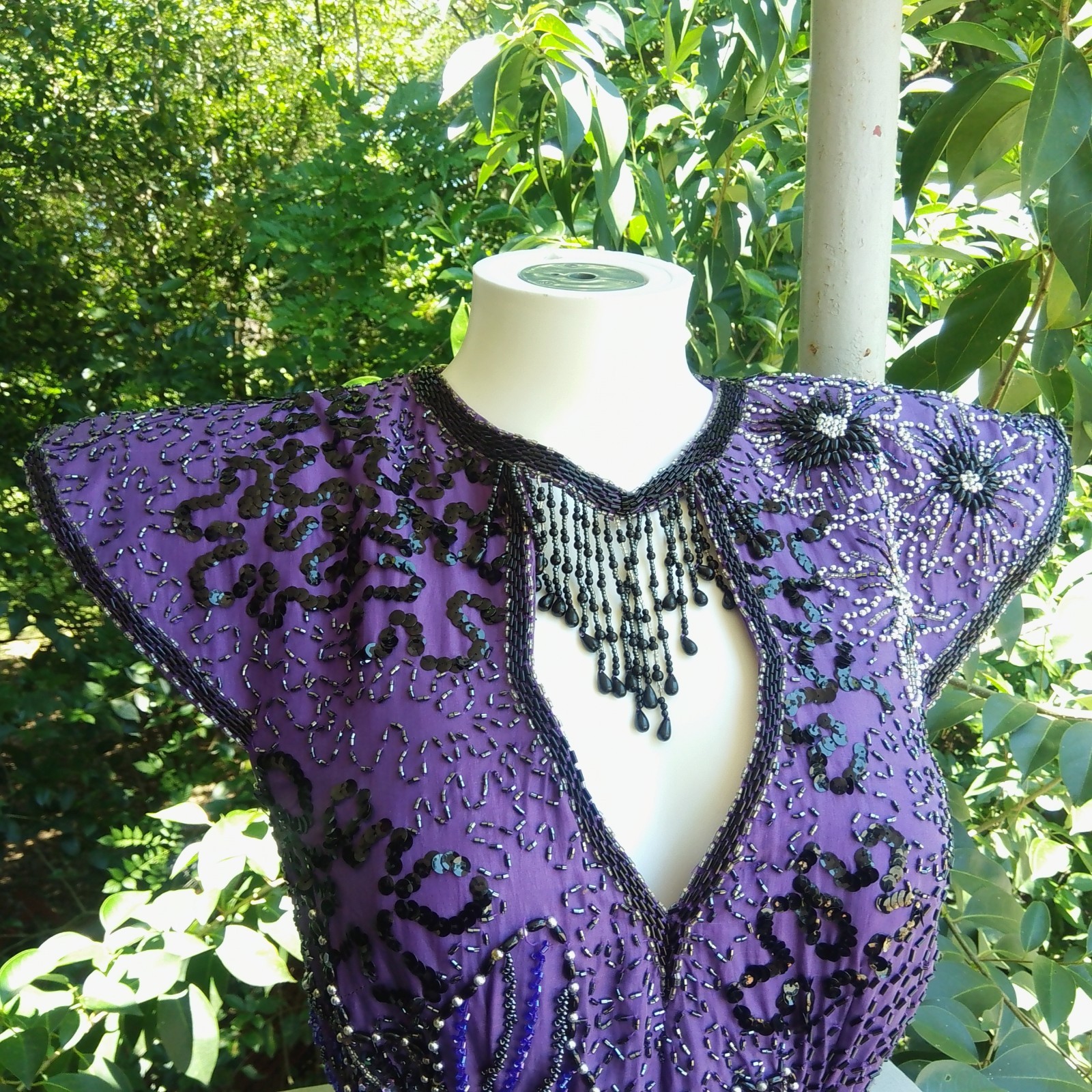 Vintage 80s Sequin Beaded Silk Purple Evening Dress Gown