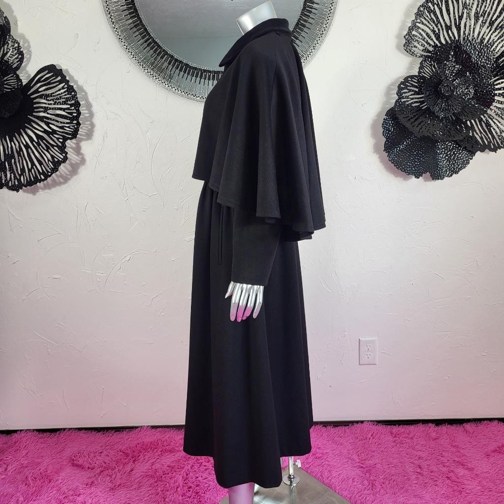 CLAUTE COUTURE~38/S/M~VINTAGE BLACK WOOL VELVET FULL LENGTH CAPE COAT TRENCH