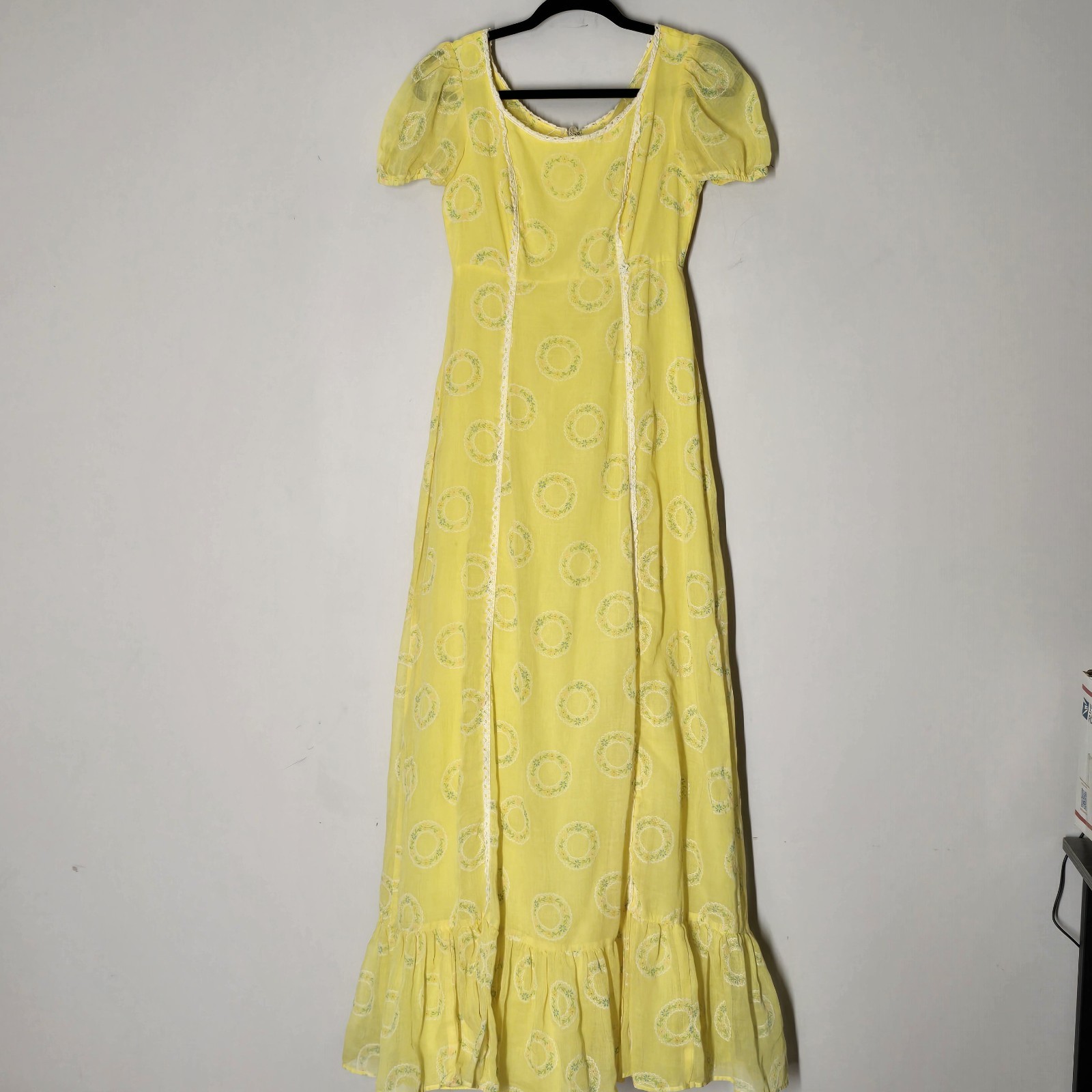 Vtg Prairie Dress Yellow Floral Puff Sleeve Maxi Cottagecore JCPenney 70s Sz 10