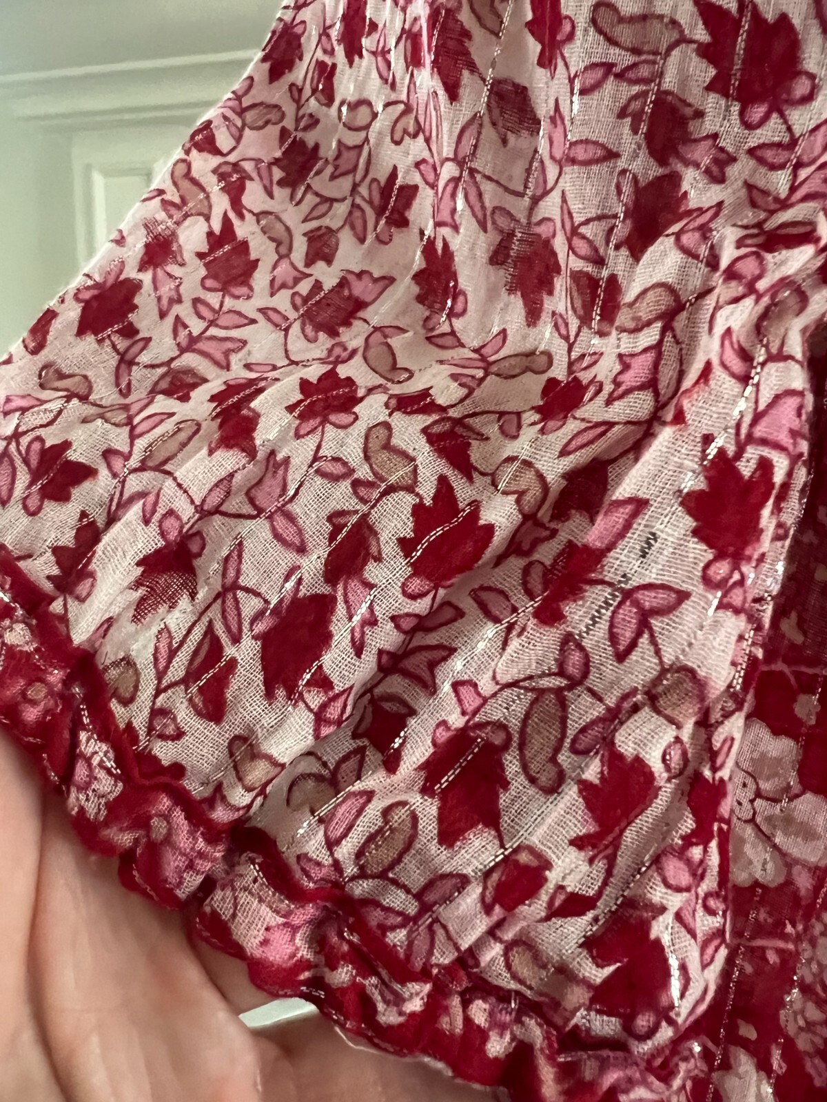 Vintage OH CALCUTTA India Cotton Gauze Hippie Dress Sz M~Red w Silver Thread