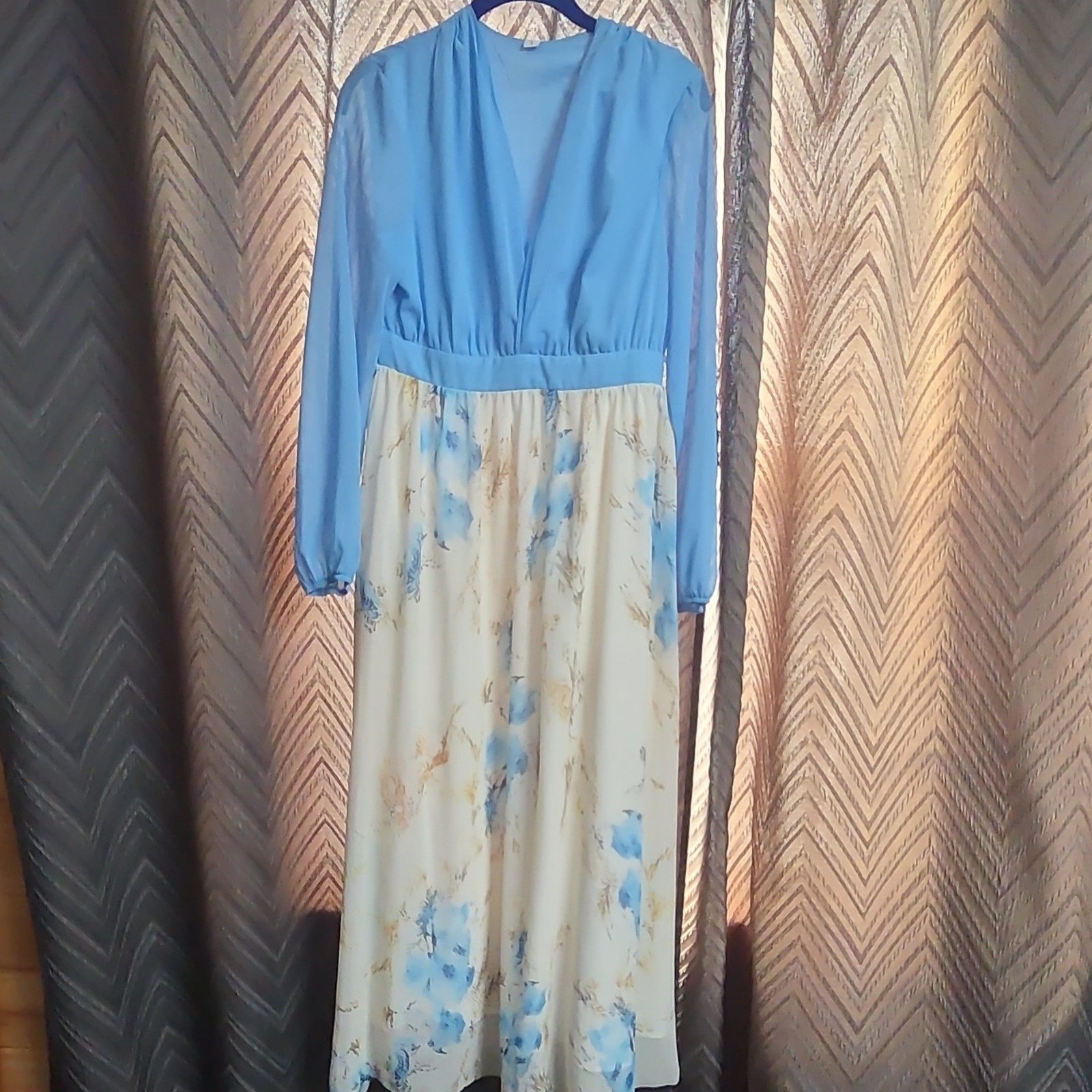 Blue Cream Floral Maxi Dress Long Sleeve Day Dress Regular Size