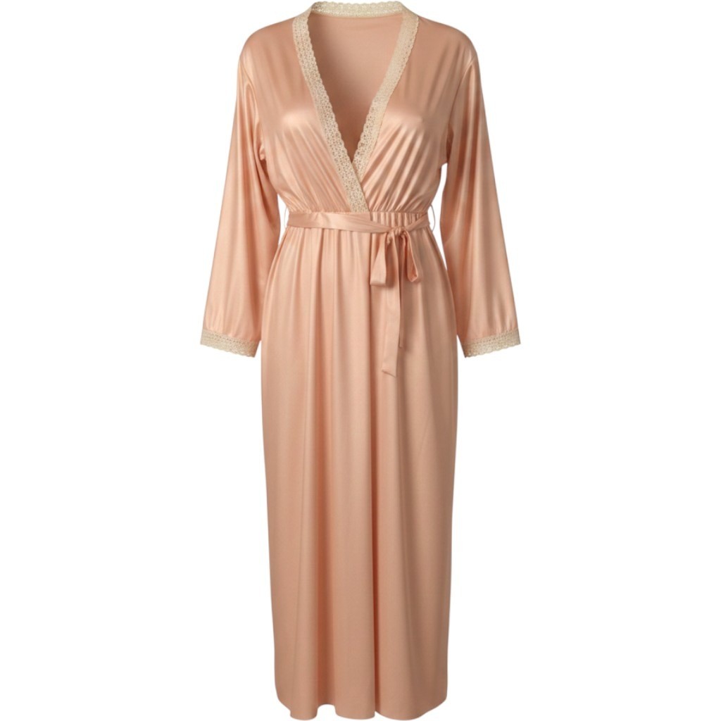 VTG Miss Elaine Nightgown Duster Size L Peach Satin Lace Trim Coquette Glam