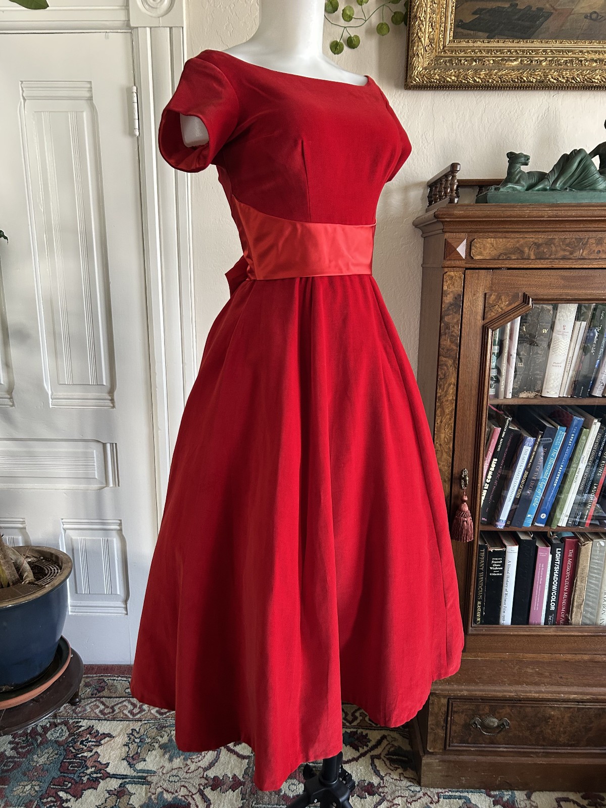 Vintage 1950s Ruby Red Velvet Party Dress Satin Sash Full Skirt XS Formal Bow