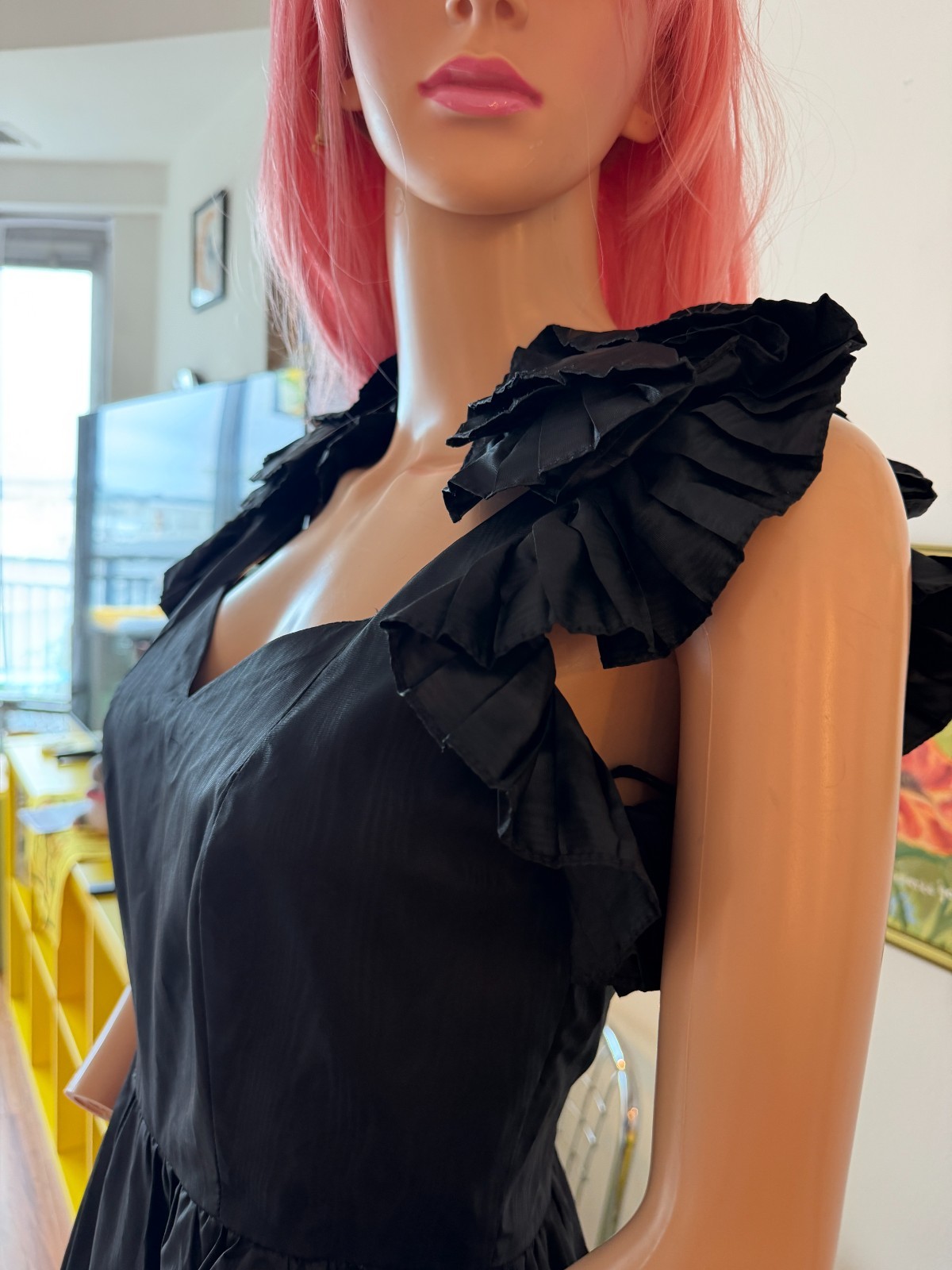 🦇 Vtg 80s Black Ruffle Shoulder Maxi Dress Goth Avant Garde Victorian Party S M