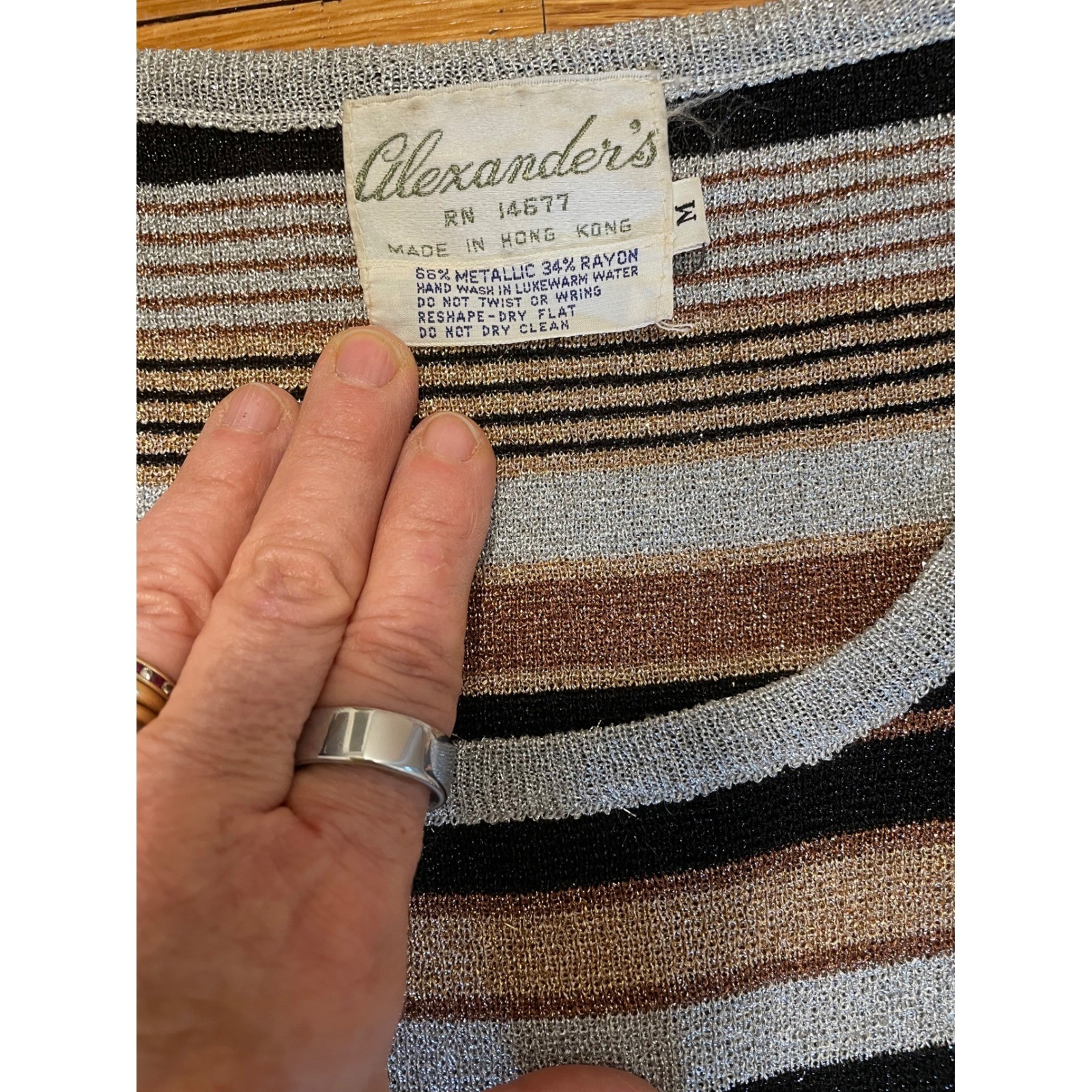 Vintage Alexanders Metallic Top 70s Striped Knit Silver Gold Bronze Black Medium