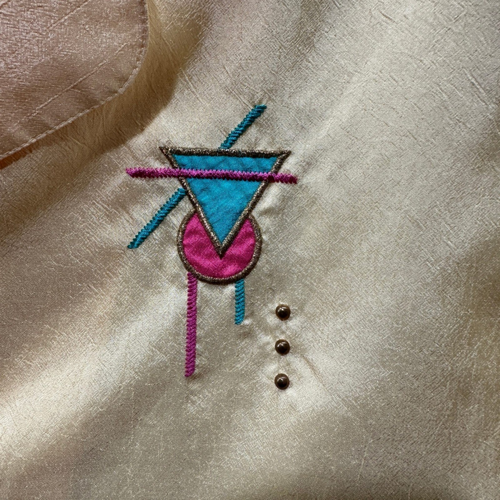 VTG 80s Park Place Button Up Blouse Top L Yellow Short Sleeve Embroidered
