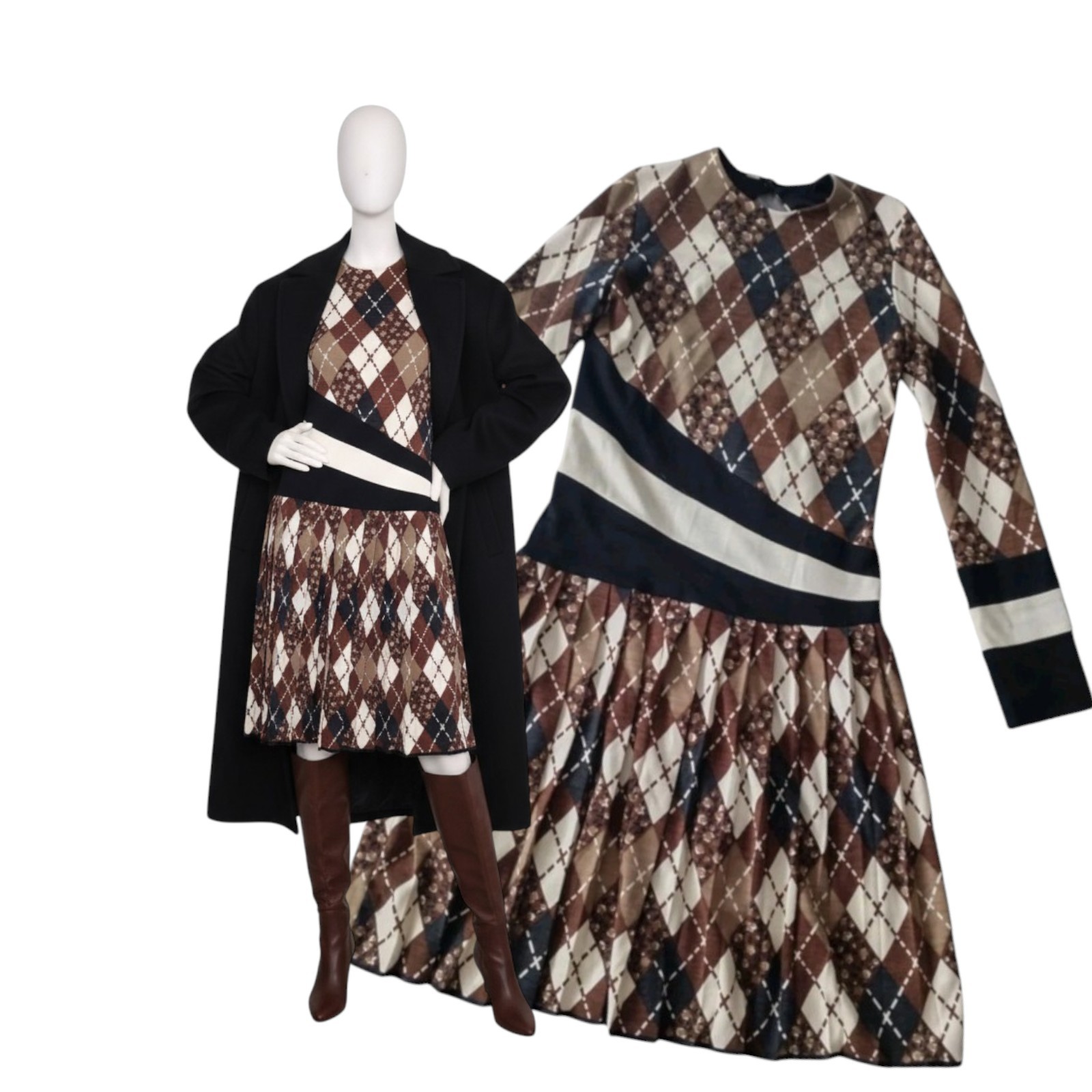 Eley Kishimoto Vintage 90s Wool Argyle Dress Brown Beige M Archive Preppy Luxe