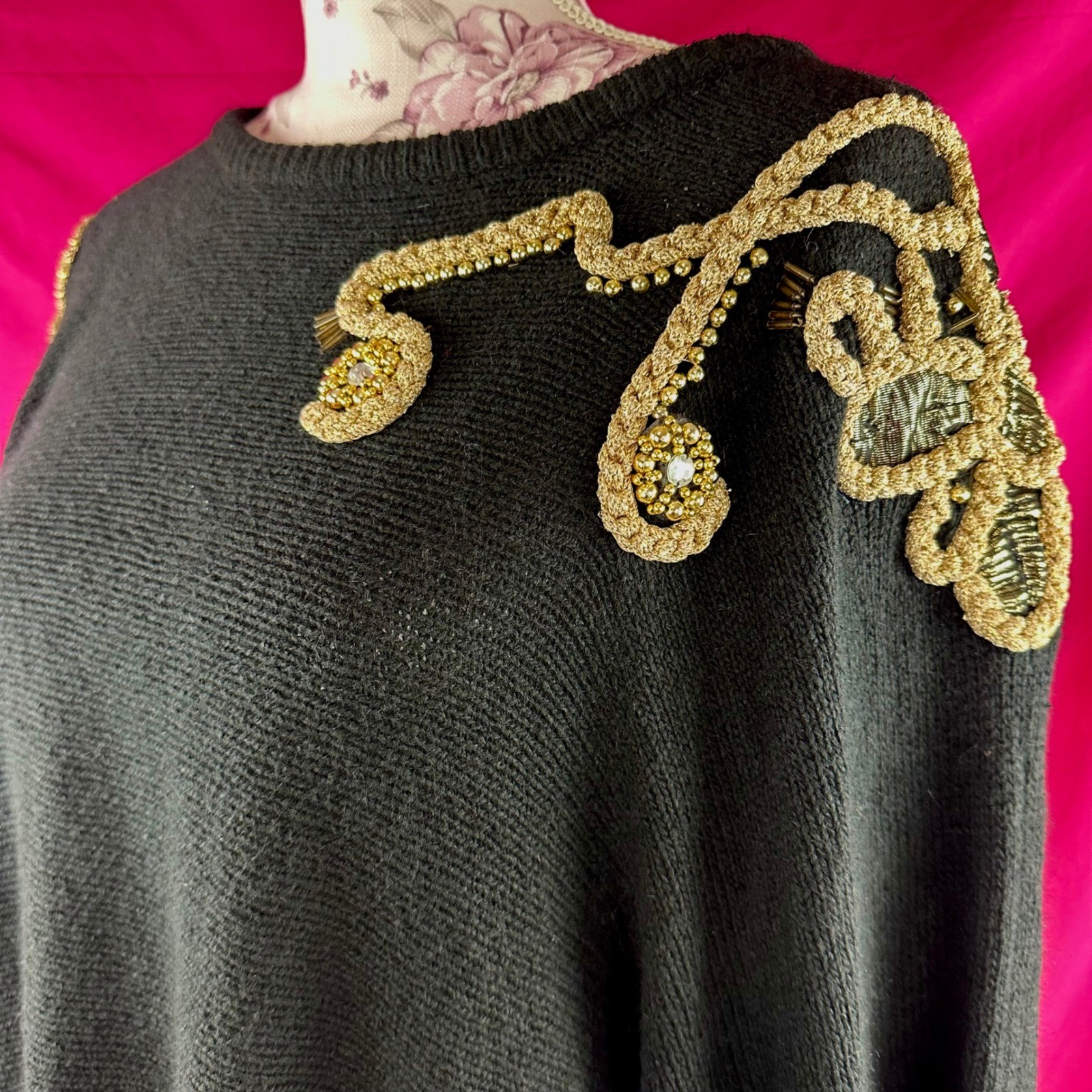 Vintage 80s Beaded Rhinestone Sweater Black Gold Angora Silk Wool NYE Plus 26/28