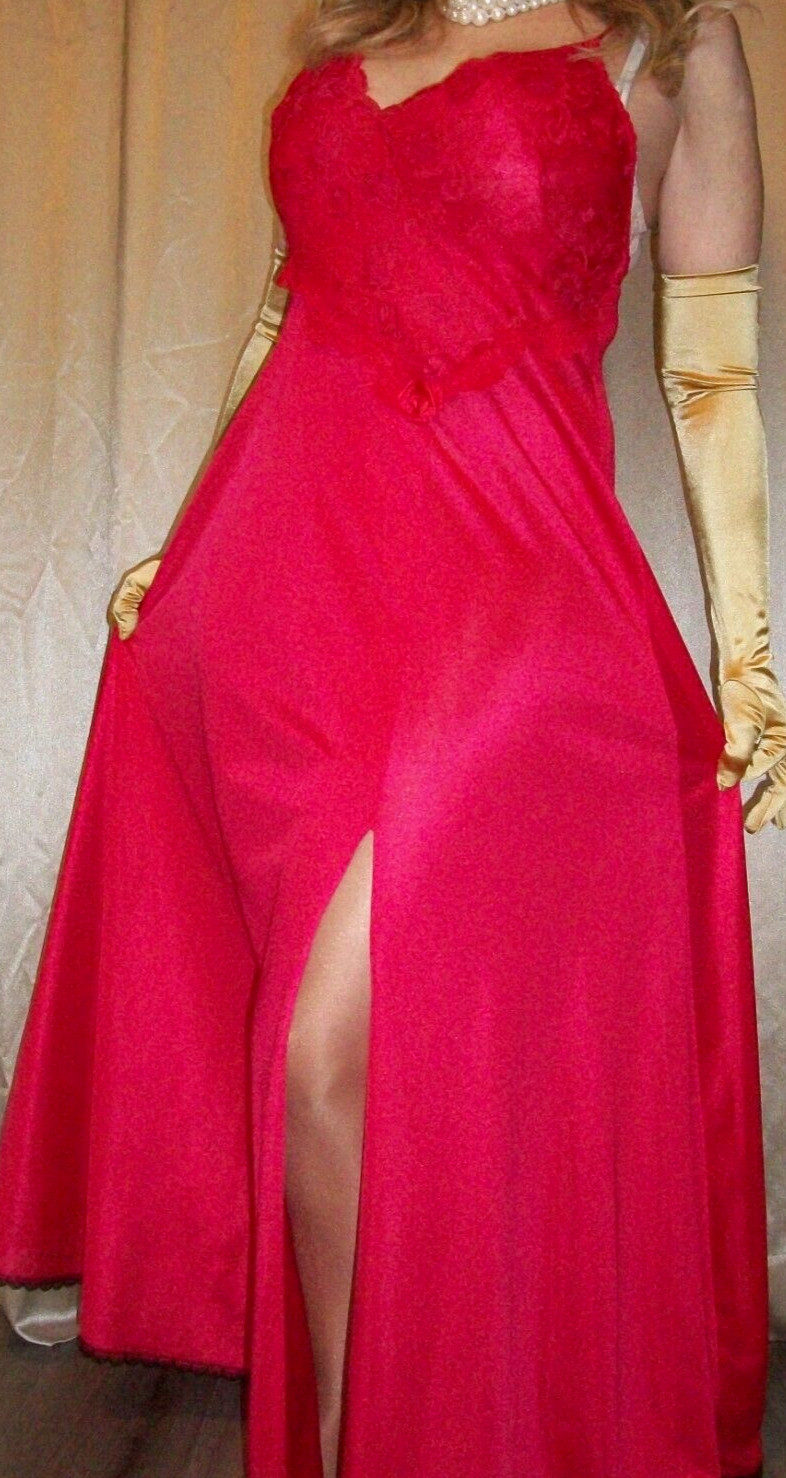 Vtg Lace Bust Long Sweep Nylon Nightgown L 36 38