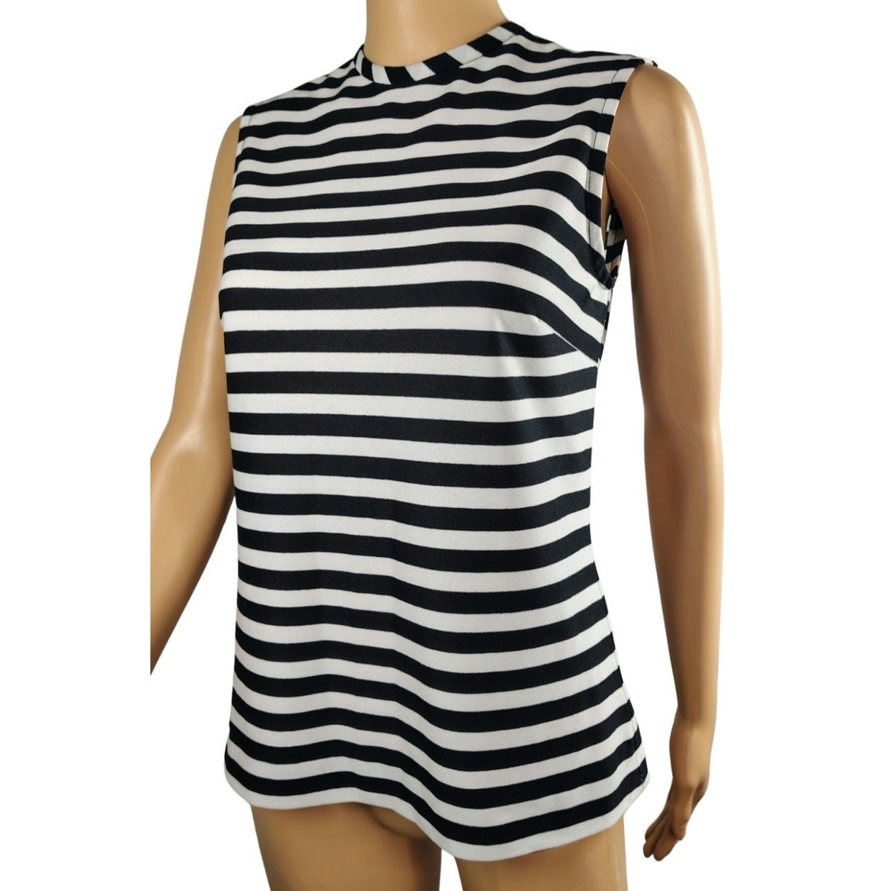 1960s Mod Black White Horizontal Striped Sleeveless High Neck Zip Up Top Size Sm